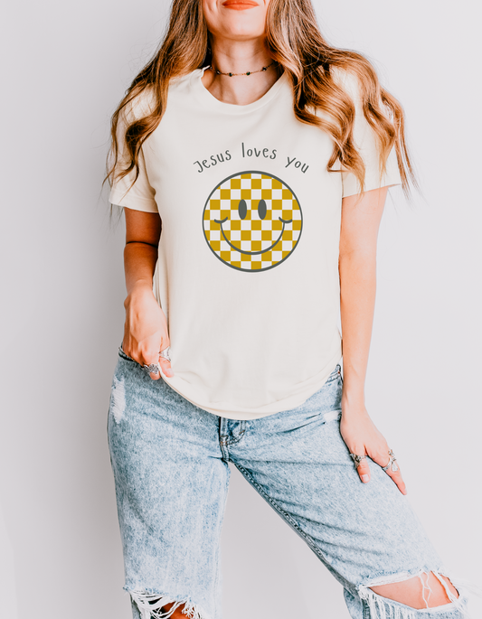 "Jesus Loves You" Checkered Smiley Face